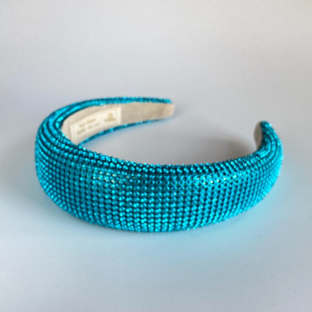 Padded 1.5” Headband with Aquamarine Rhinestone Aluminum Mesh Overlay Handmade